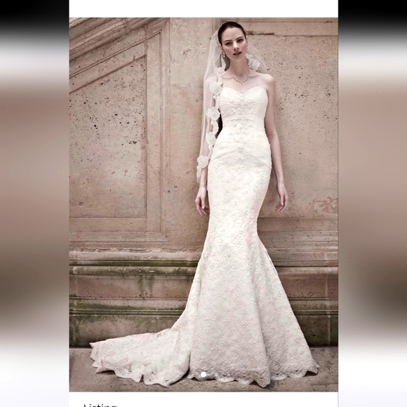 Oleg cassino  strapless sweetheart lace trumpet wedding dress gown sz 6P - Picture 3 of 12